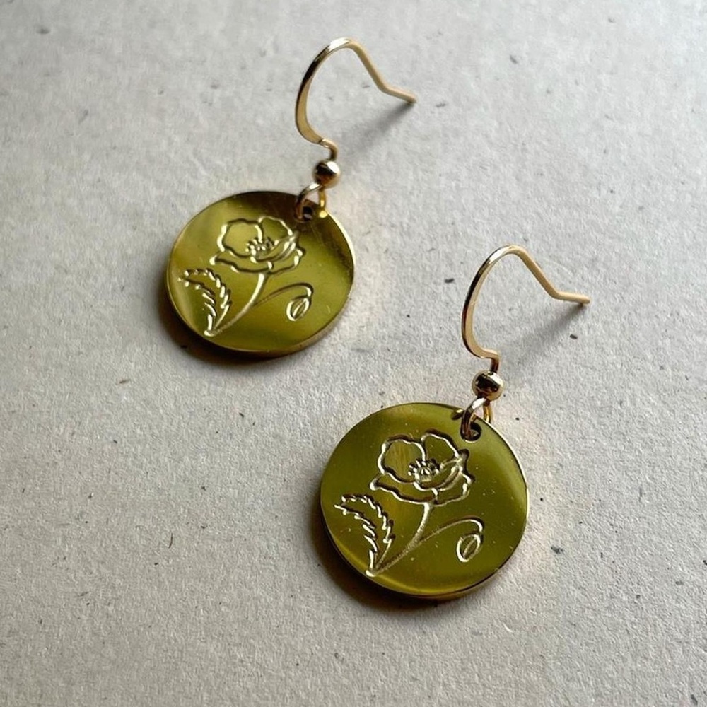 Gold Poppy Flower Dangle Earrings
